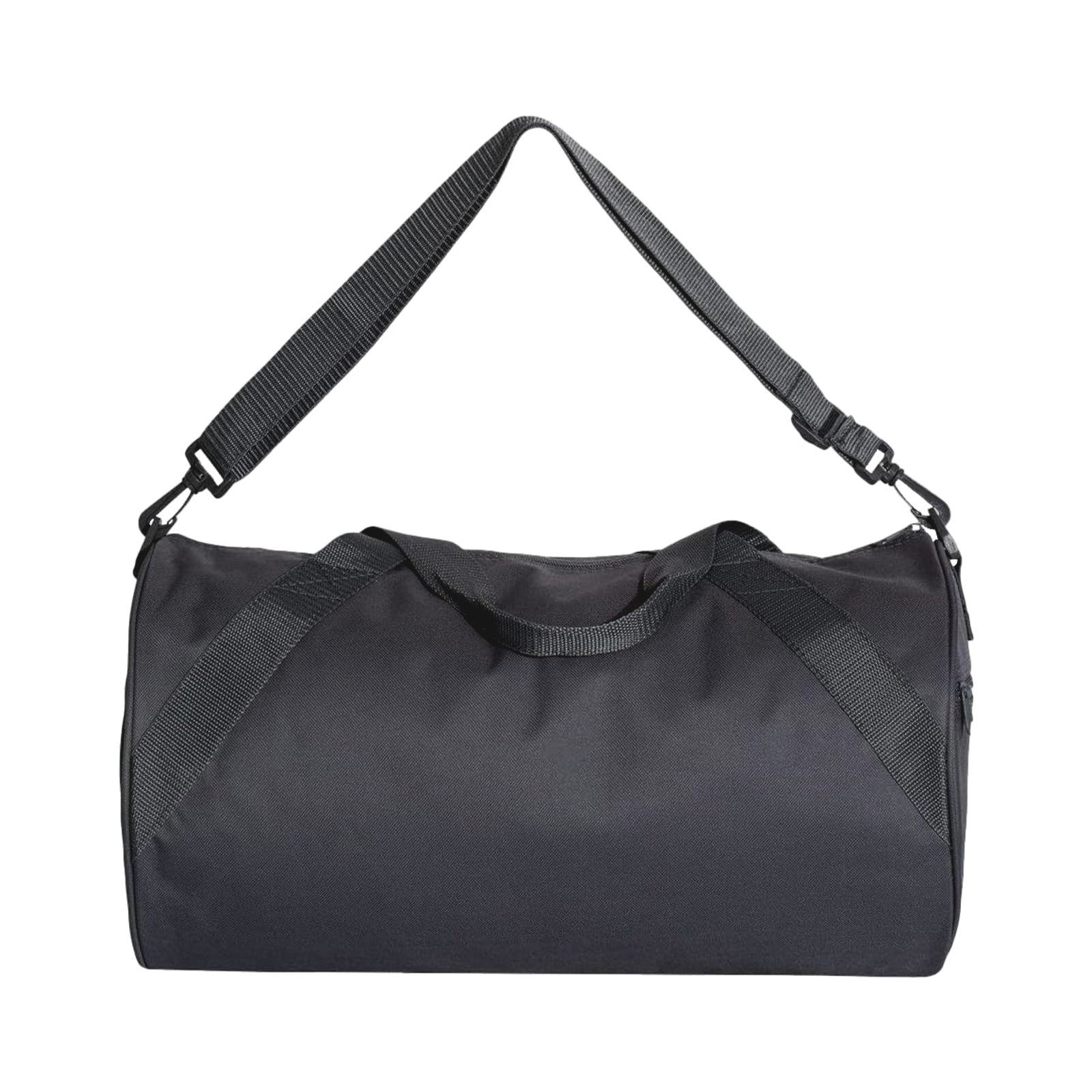 Black duffel bag with a strap on a white background