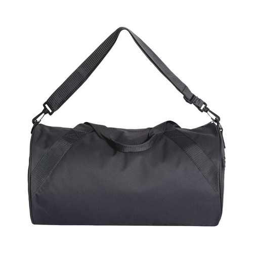Black duffel bag with a strap on a white background